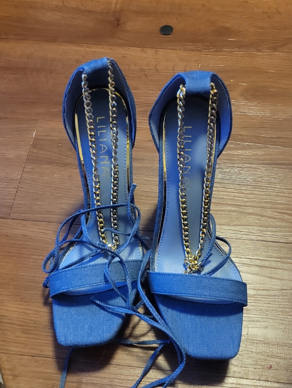 Liliana Royal Blue Lace-Up Heeled Sandals with Gold Chain Detail